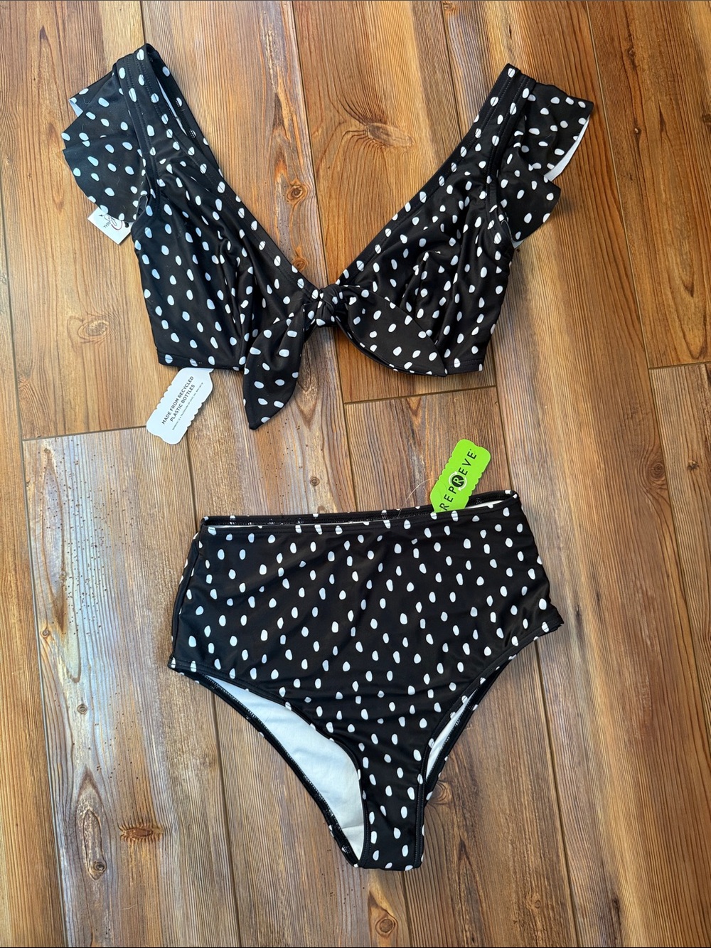 Polka Dot High-Waist Women's Bikini Set - Black/White